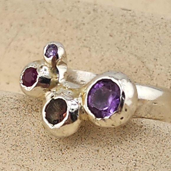 MULTISTONE HANDMADE RING GARNET & AMETHYST UNIQUE RING Made W Sterling Silve 5.5 - Picture 4 of 6